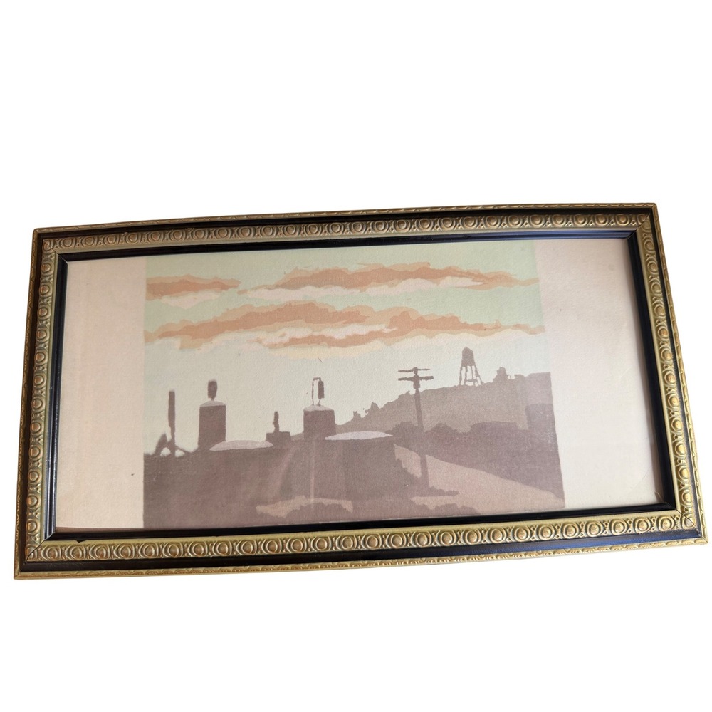 Vintage Industrial Skyline Landscape Print Gold Black Ornate Frame 12x7